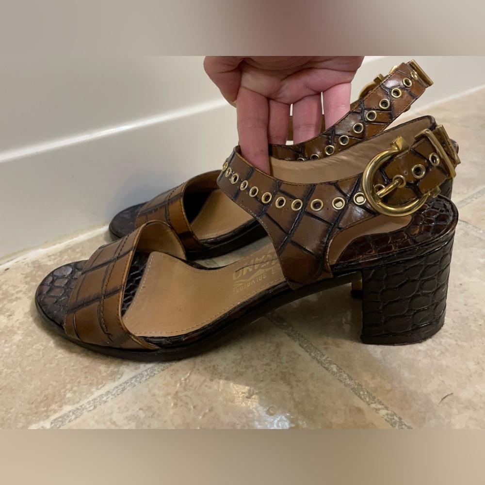 Salvatore Ferragamo Brown Patterned gold hard-tone hardware Sandals 6.5
